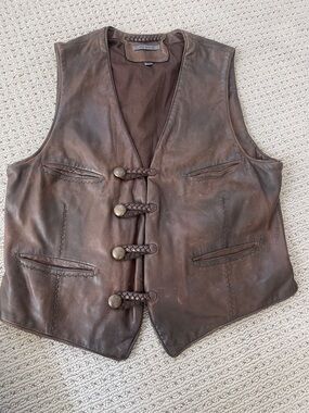John Varvatos Brown Braided Leather Collar Vest